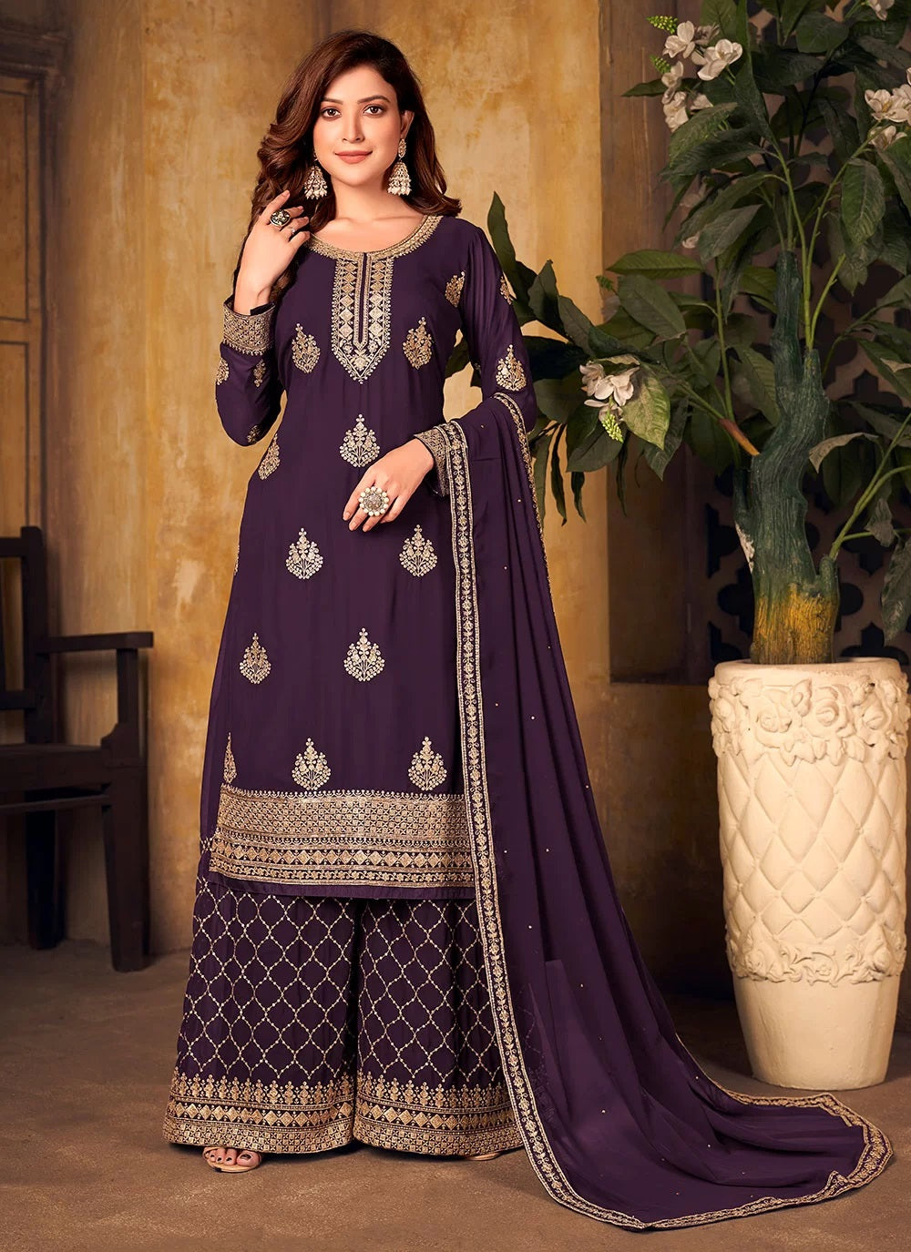 Bella Fancy Dresses Salwar Kameez Purple Embroidered Palazzo Style Suit