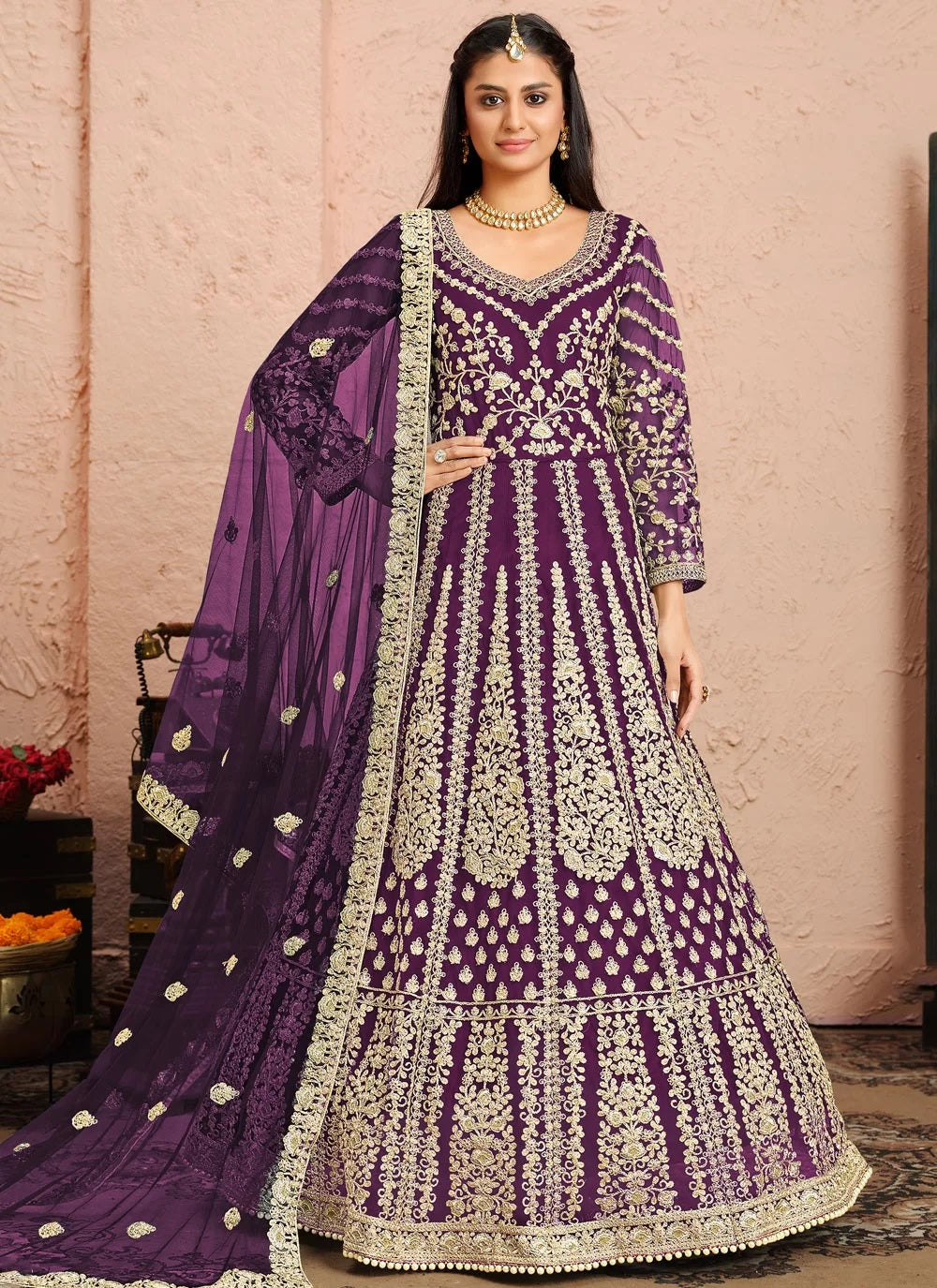Bella Fancy Dresses Salwar Kameez Purple Net Wedding Floor Length Suit
