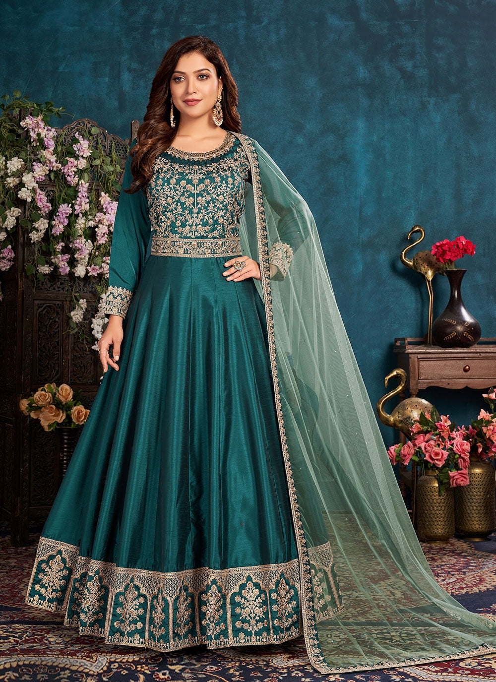 Bella Fancy Dresses Salwar Kameez Rama Art Silk Floor Length Designer Suit