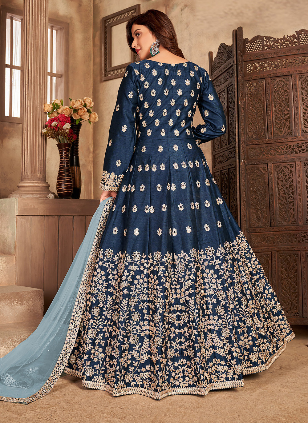 Bella Fancy Dresses Salwar Kameez Resham Art Silk Floor Length Designer Suit In Blue