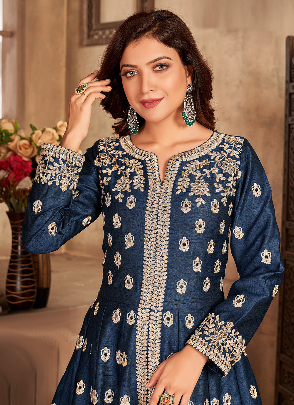 Bella Fancy Dresses Salwar Kameez Resham Art Silk Floor Length Designer Suit In Blue