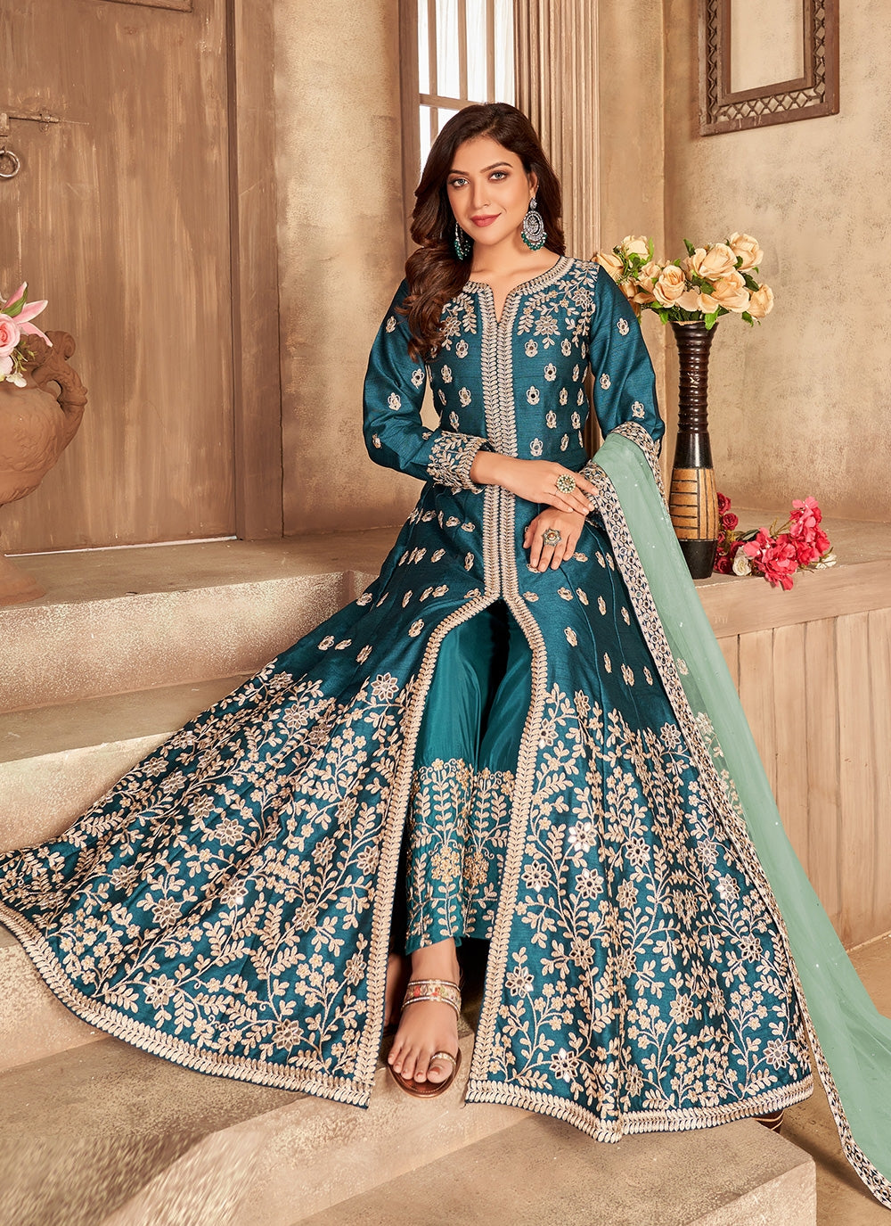 Bella Fancy Dresses Salwar Kameez Teal Blue Art Silk Floor Length Designer Suit