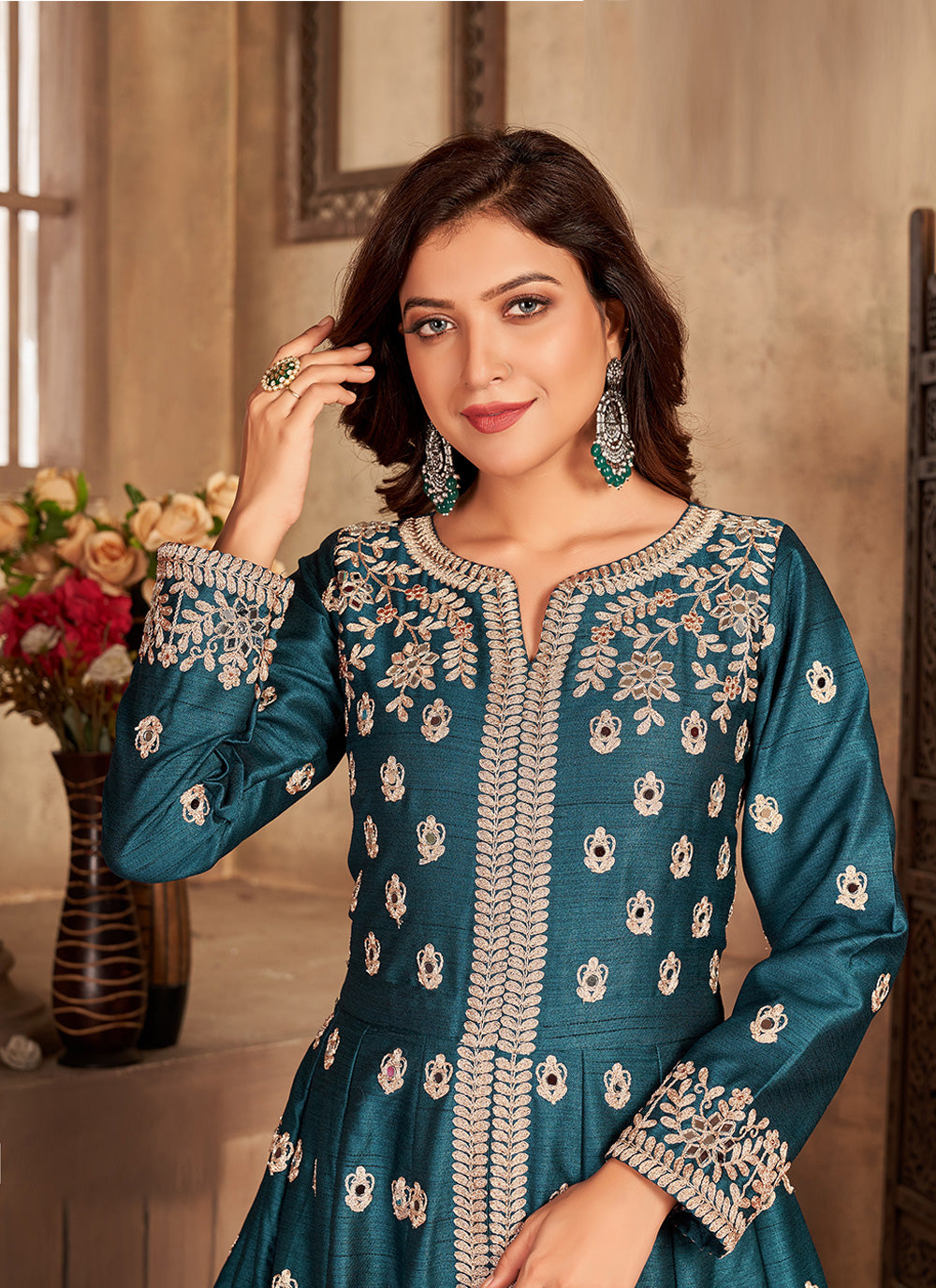 Bella Fancy Dresses Salwar Kameez Teal Blue Art Silk Floor Length Designer Suit