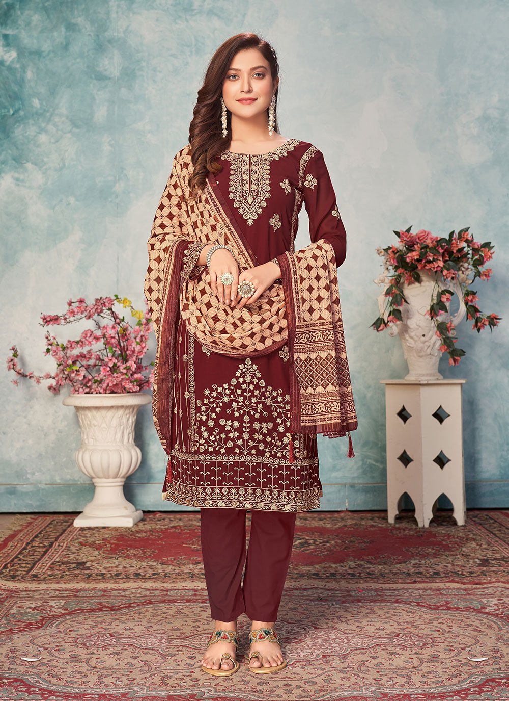 Bella Fancy Dresses Salwar Kameez Wine Color Resham Work Faux Georgette Suit