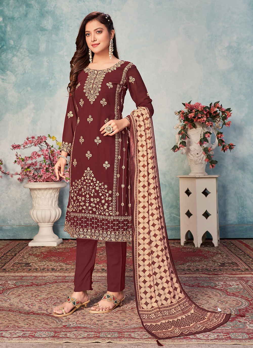 Bella Fancy Dresses Salwar Kameez Wine Color Resham Work Faux Georgette Suit