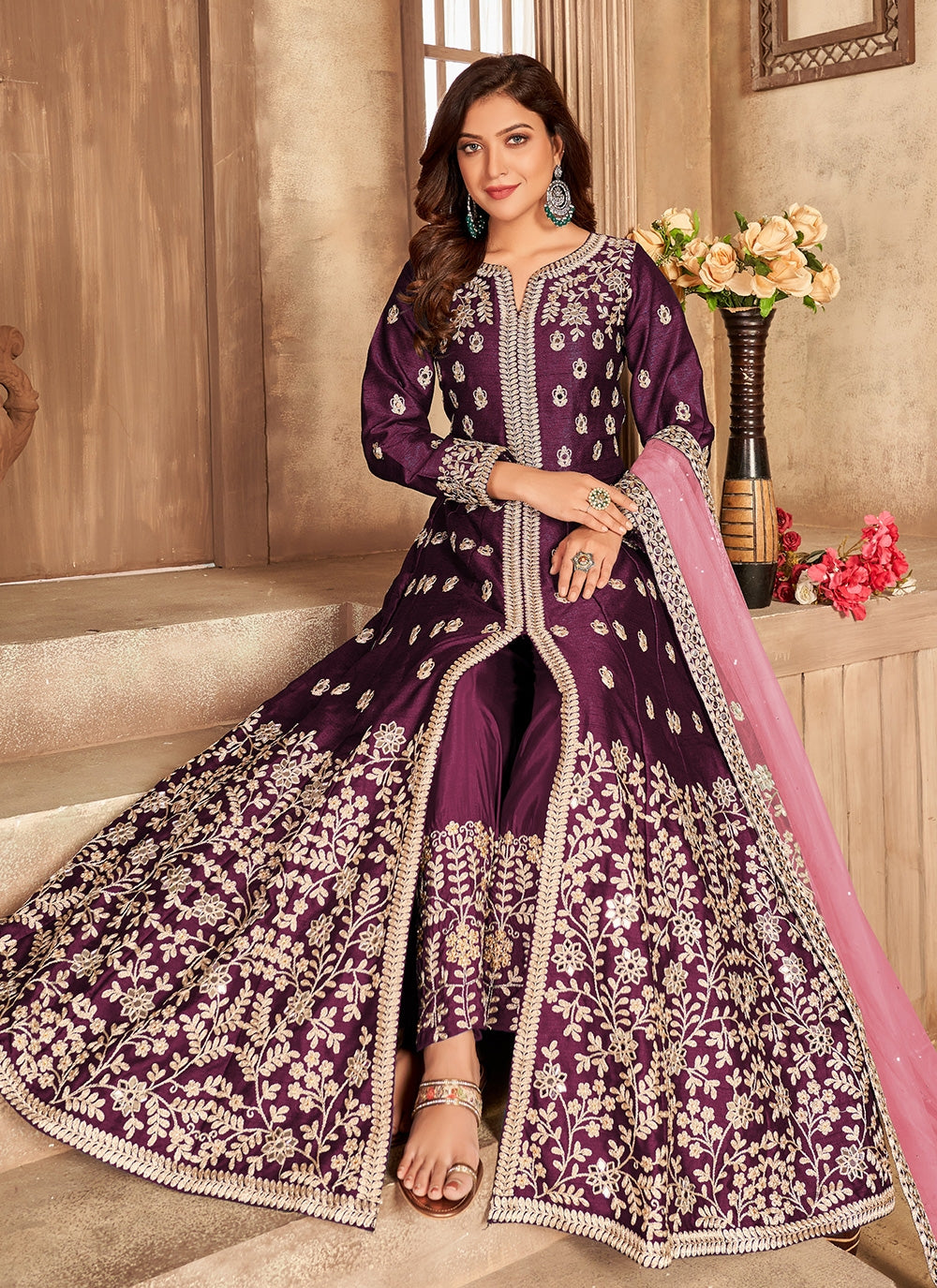 Bella Fancy Dresses Salwar Kameez Wine Embroidered Art Silk Floor Length Suit