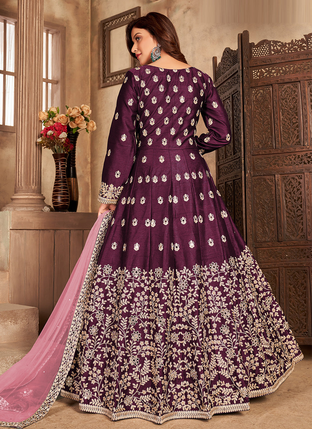 Bella Fancy Dresses Salwar Kameez Wine Embroidered Art Silk Floor Length Suit