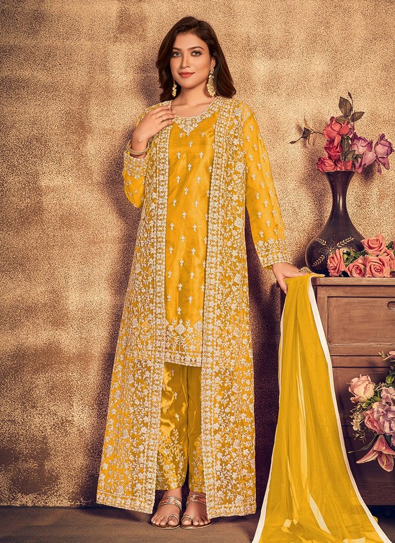 Bella Fancy Dresses Salwar Kameez Yellow Soft Net Dori Work Jacket Style Suit