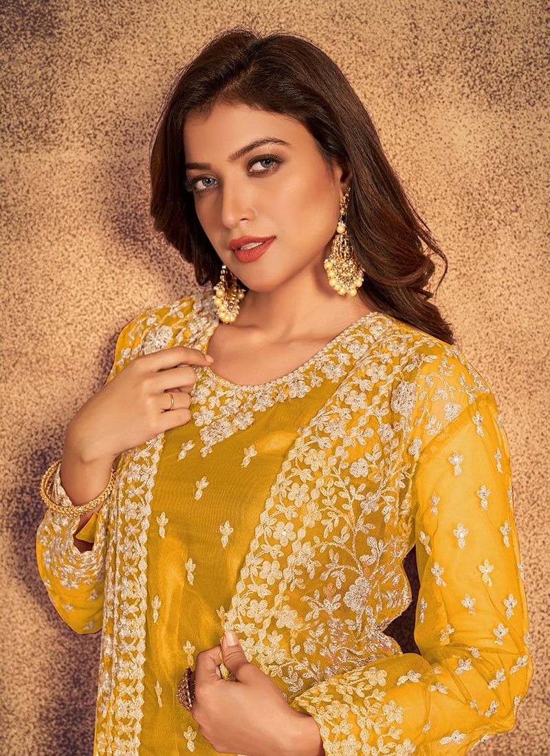 Bella Fancy Dresses Salwar Kameez Yellow Soft Net Dori Work Jacket Style Suit