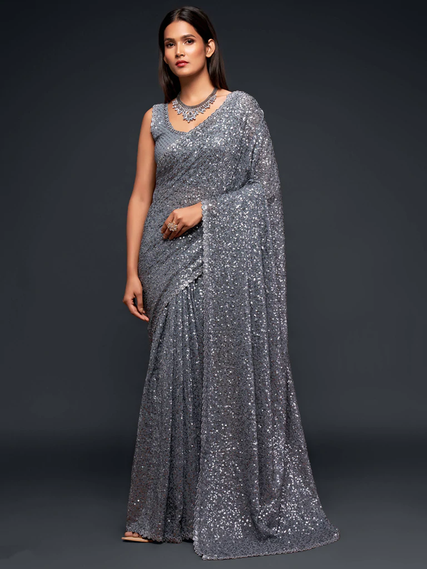 Bella Fancy Dresses Saree Awesome Grey Sequince Work Georgette Party Wear Saree