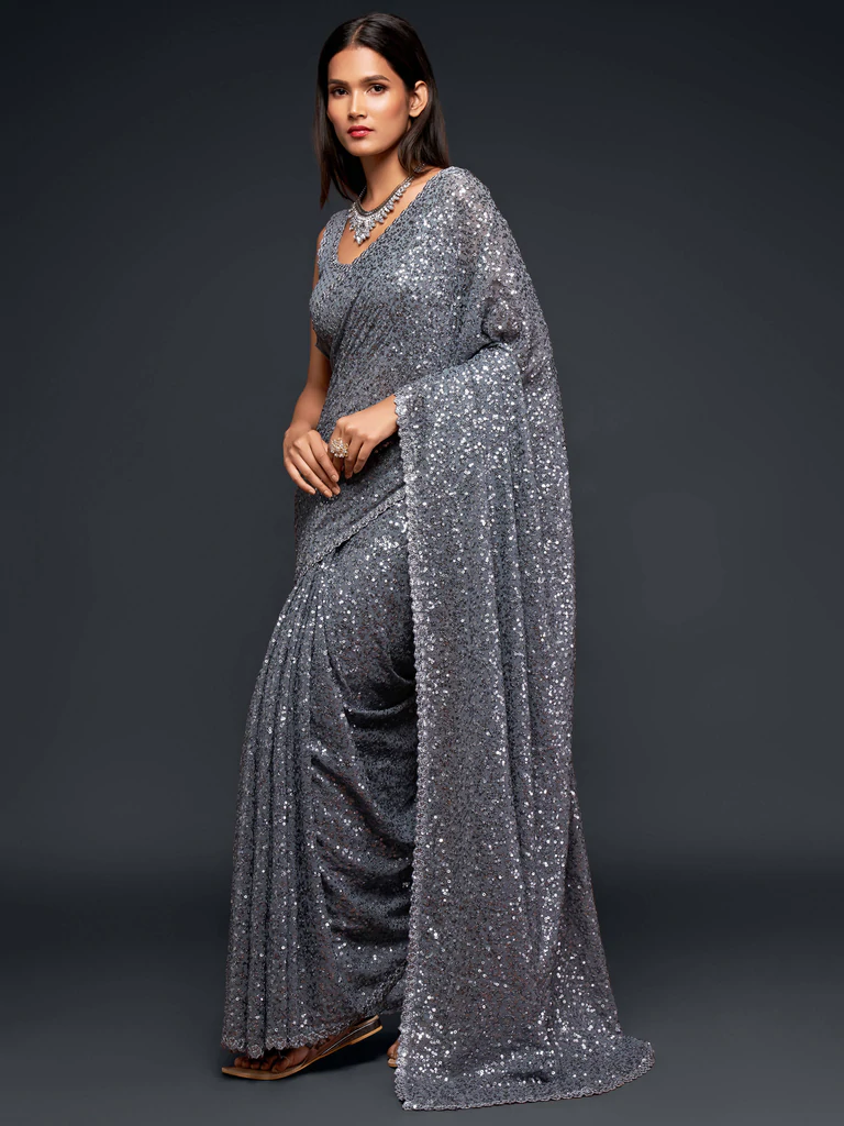 Bella Fancy Dresses Saree Awesome Grey Sequince Work Georgette Party Wear Saree