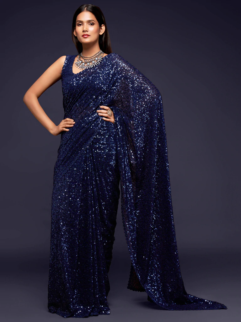 Bella Fancy Dresses Saree Blue Sequinced Georgette Party Wear Saree With Blouse