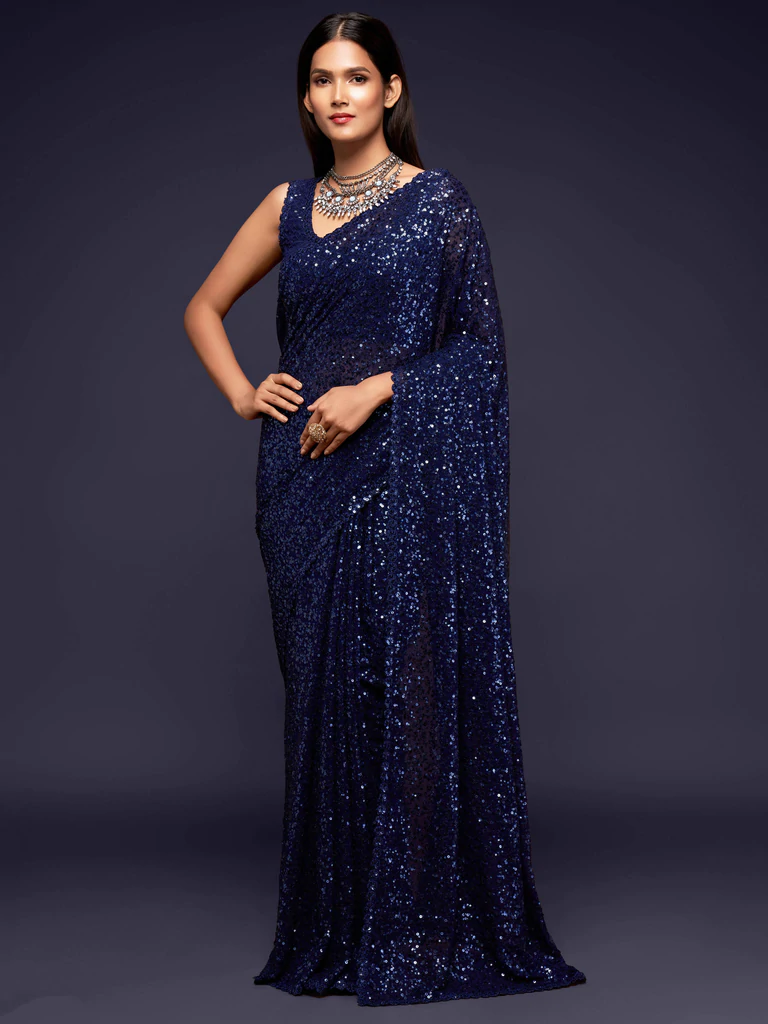 Bella Fancy Dresses Saree Blue Sequinced Georgette Party Wear Saree With Blouse