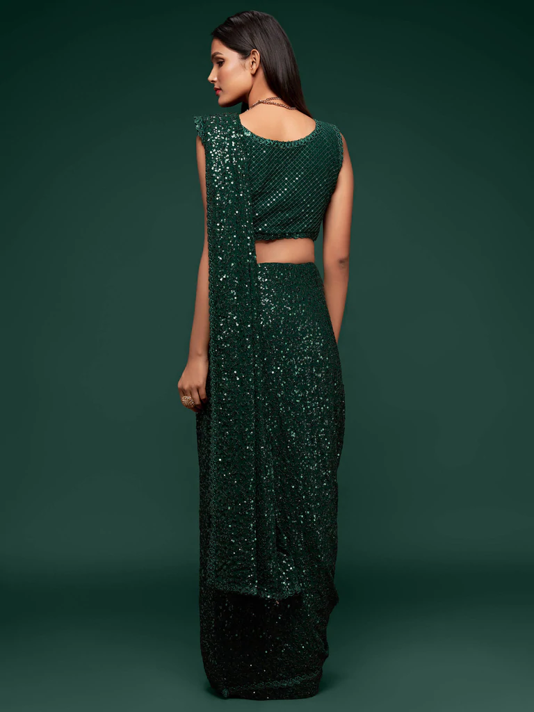 Bella Fancy Dresses Saree Green Sequince Work Georgette Saree