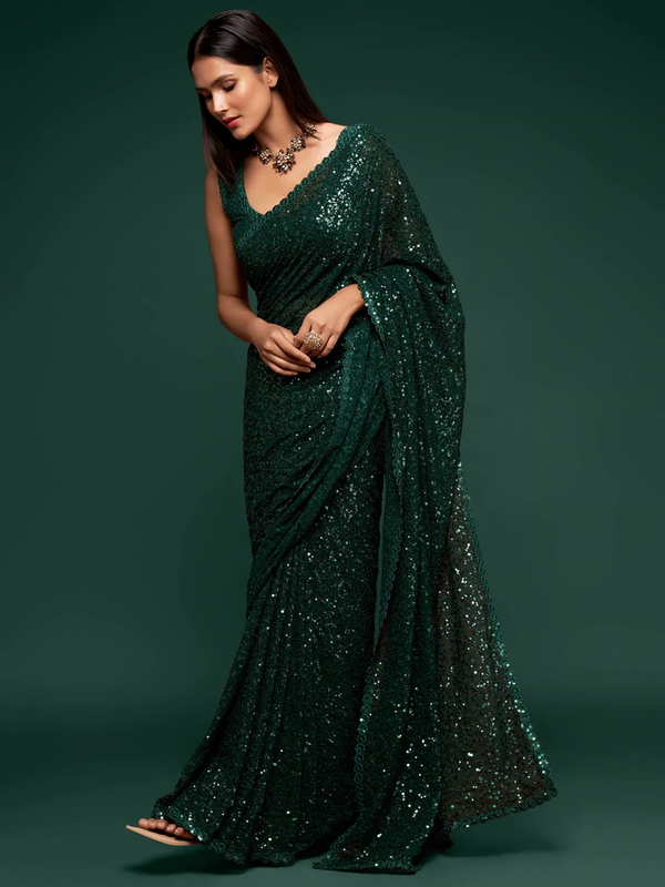 Bella Fancy Dresses Saree Green Sequince Work Georgette Saree