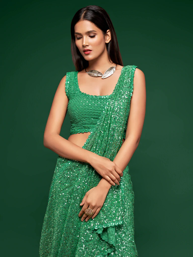 Bella Fancy Dresses Saree Mint Green Sequence Work Georgette Saree