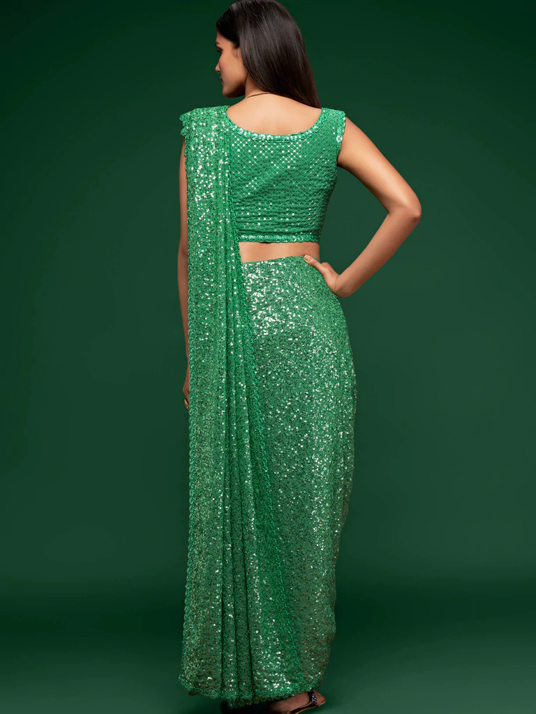 Bella Fancy Dresses Saree Mint Green Sequence Work Georgette Saree