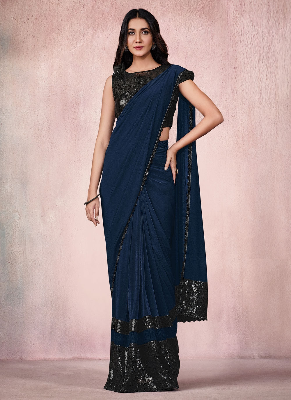 Bella Fancy Dresses Saree Navy Blue Embroidery And Handwork Trendy Readymade Saree
