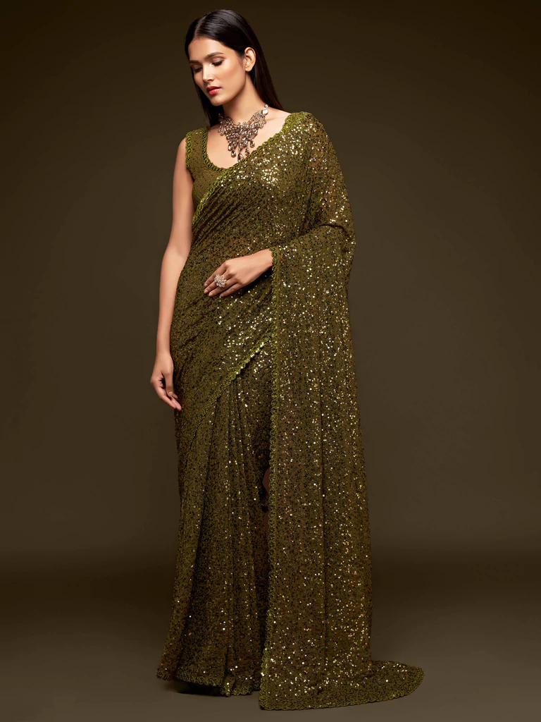 Bella Fancy Dresses Saree Olive Green Sequence Work Georgette Trendy Saree