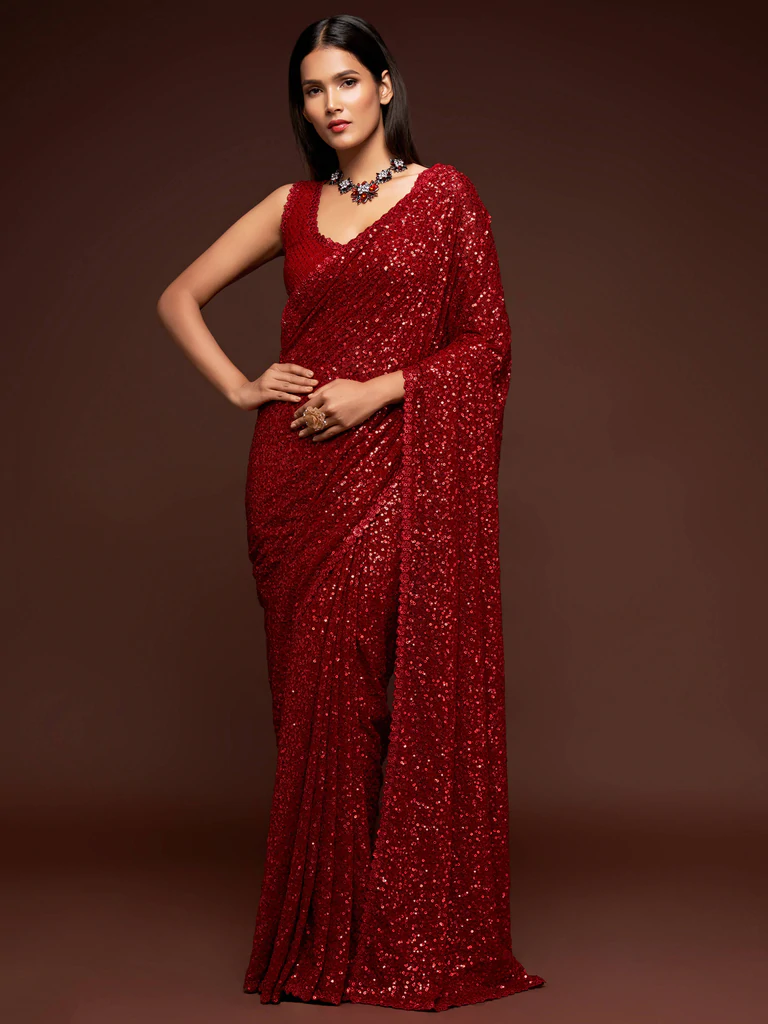 Bella Fancy Dresses Saree Red Color Sequinced Georgette Party Wear Saree