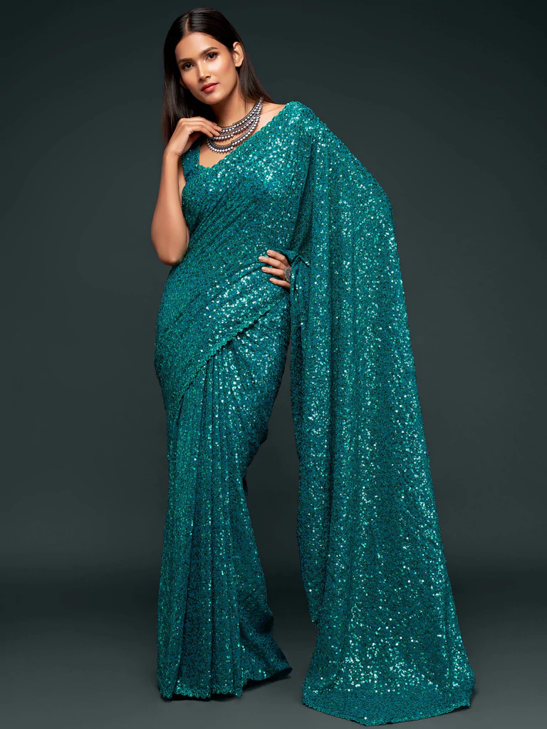 Bella Fancy Dresses Saree Teal Blue Sequined Georgette Party Wear Saree