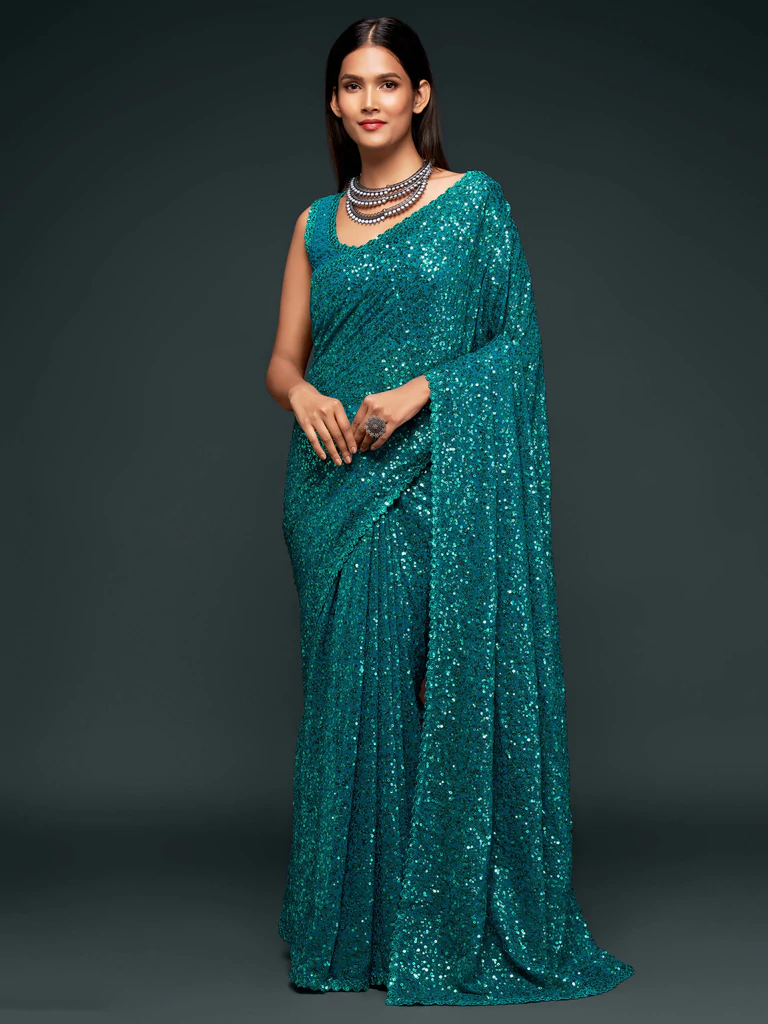 Bella Fancy Dresses Saree Teal Blue Sequined Georgette Party Wear Saree