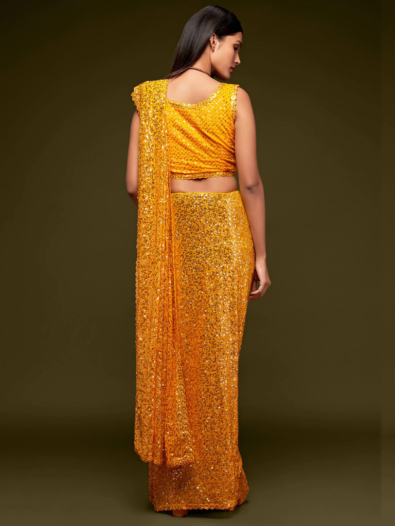 Bella Fancy Dresses Saree Yellow Color Sequence Georgette Party Wear Saree