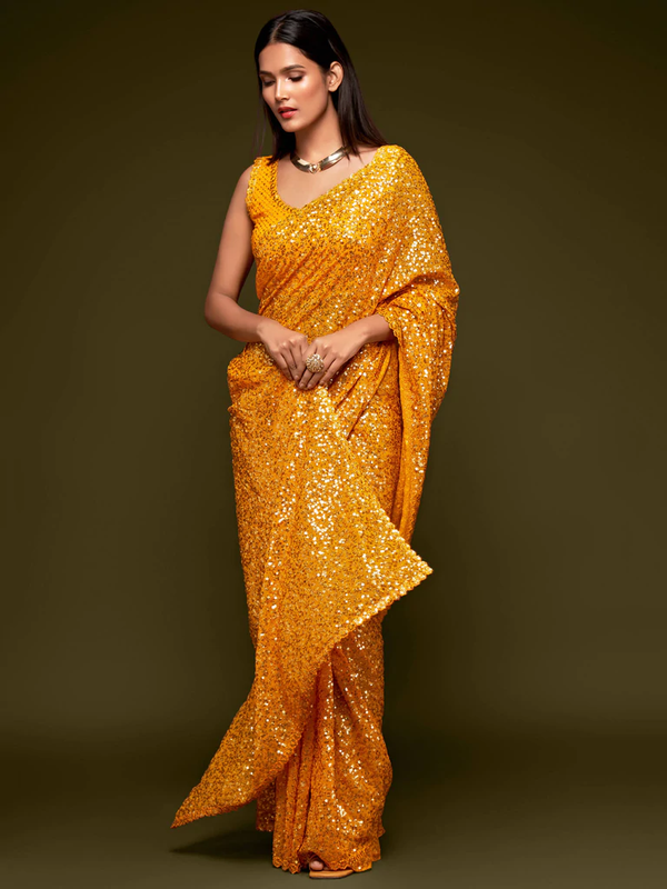 Bella Fancy Dresses Saree Yellow Color Sequence Georgette Party Wear Saree