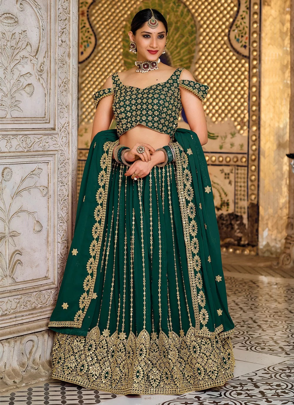 Bella Fancy Dresses Sequins Georgette Designer Lehenga Choli In Green Color