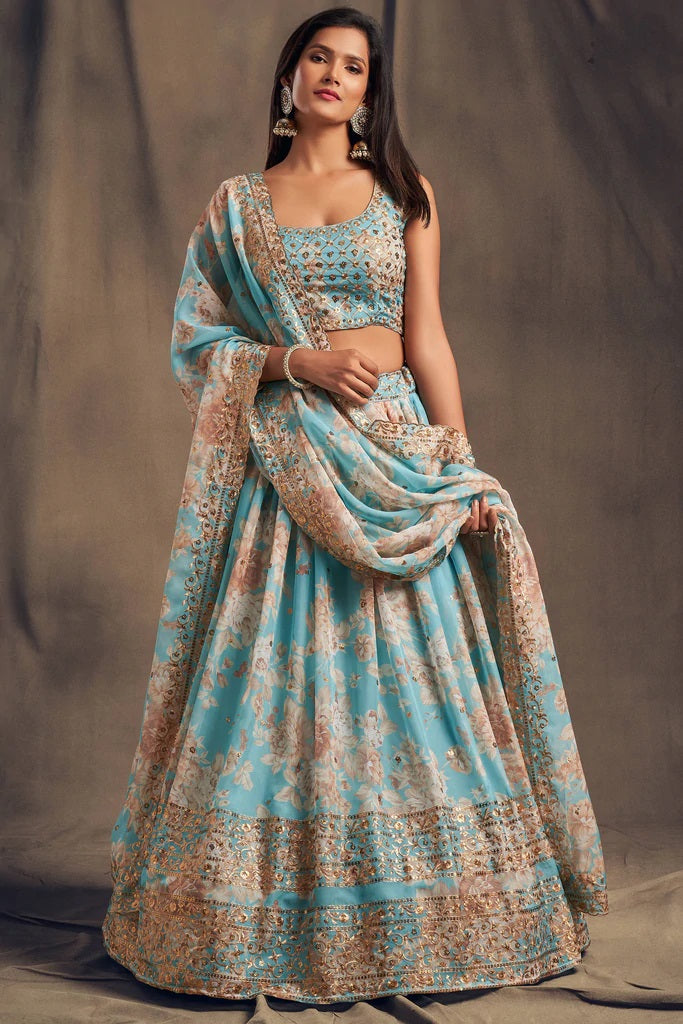 Bella Fancy Dresses Sky Blue Zari Embroidery Organza Trendy Lehenga Choli