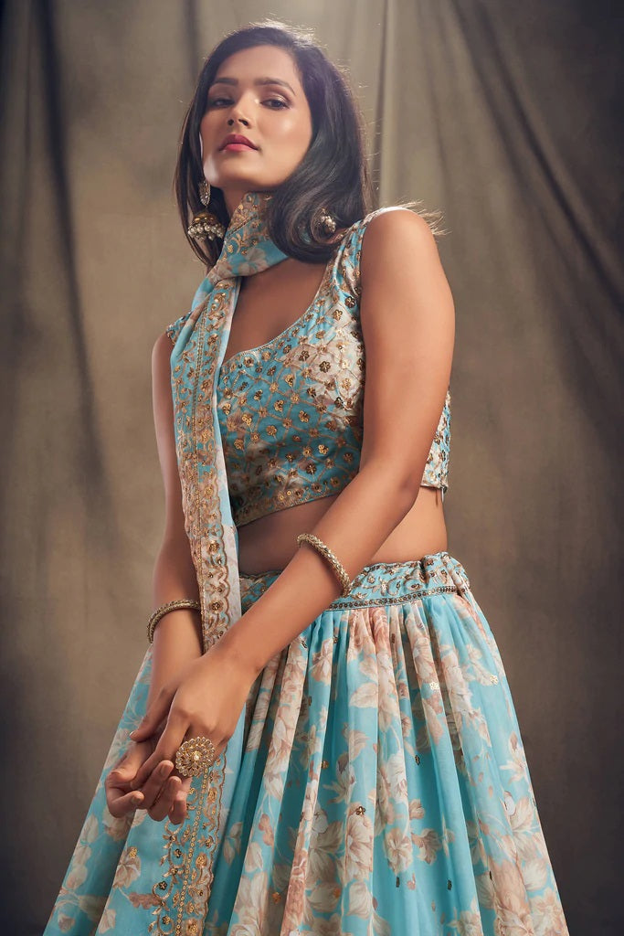Bella Fancy Dresses Sky Blue Zari Embroidery Organza Trendy Lehenga Choli