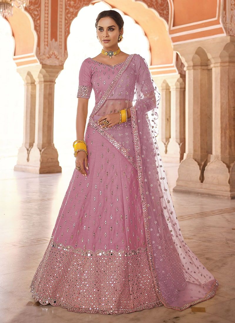 Bella Fancy Dresses Stunning Pink  Art Silk Lehenga Choli With Real Mirror Work