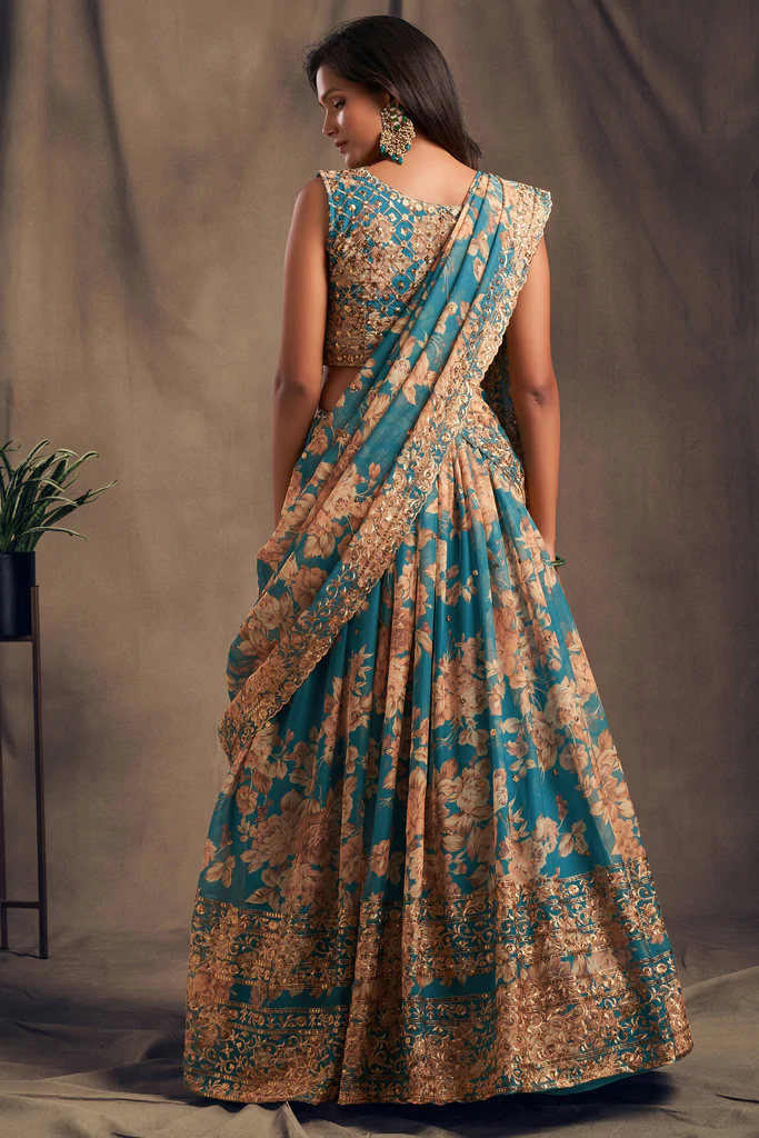 Bella Fancy Dresses Teal Blue Zari Embroidery Work Organza Lehenga