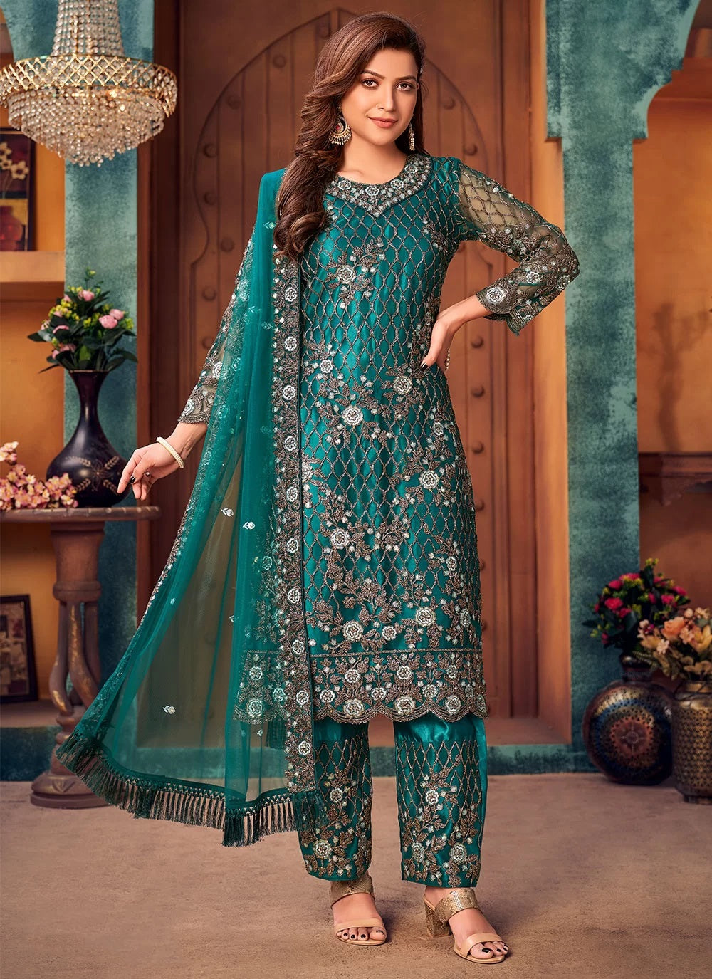 Bella Fancy Dresses Teal Color Embroidered Net Pakistani Salwar Suit