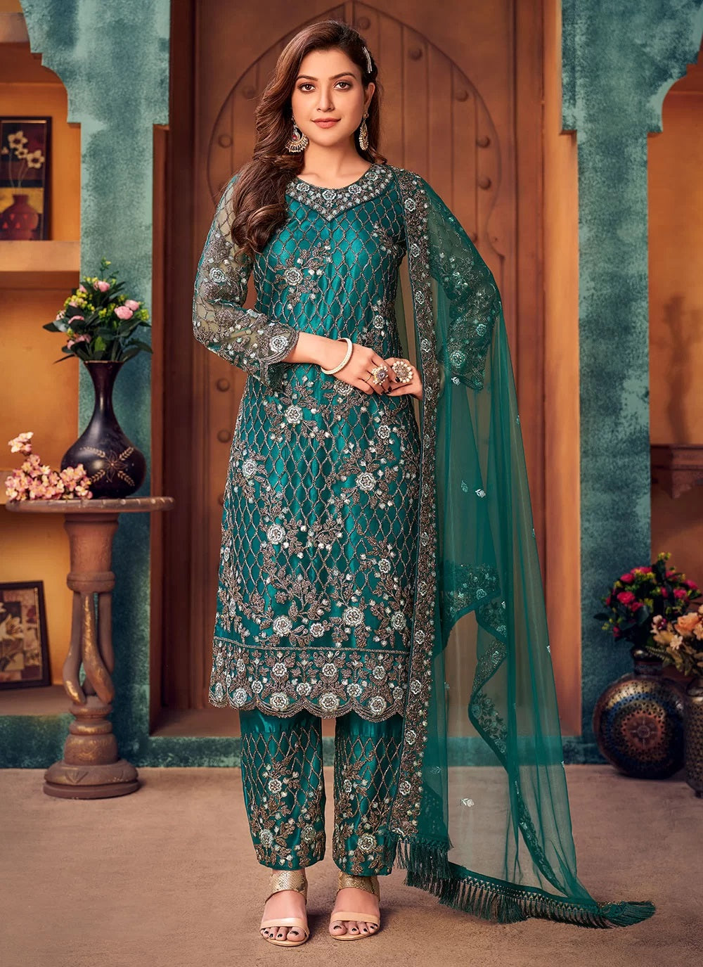 Bella Fancy Dresses Teal Color Embroidered Net Pakistani Salwar Suit