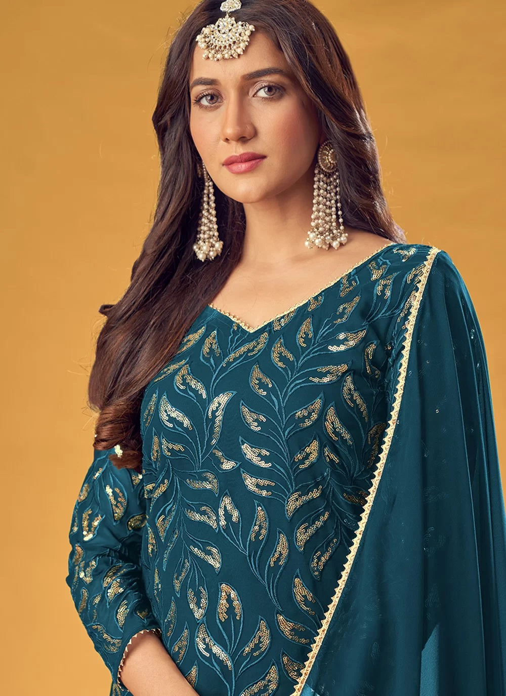 Bella Fancy Dresses Teal Faux Georgette Embroidered Readymade Salwar Suit
