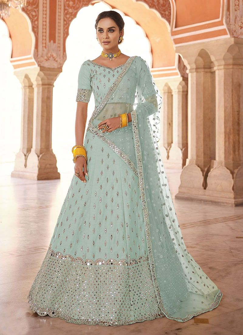 Bella Fancy Dresses Turquoise Art Silk Fabric Lehenga With Real Mirror Work