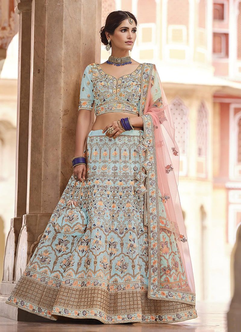 Bella Fancy Dresses Turquoise Crepe Lehenga Choli With Heavy Sequins Work