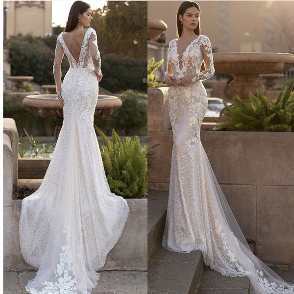 Bella Fancy Dresses US 0 2022 Luxury Lace Appliques Sequins Mermaid Wedding Dress V-Neck Long Sleeve Backles Sweep Train Bride Gown Vestidos De Noiva