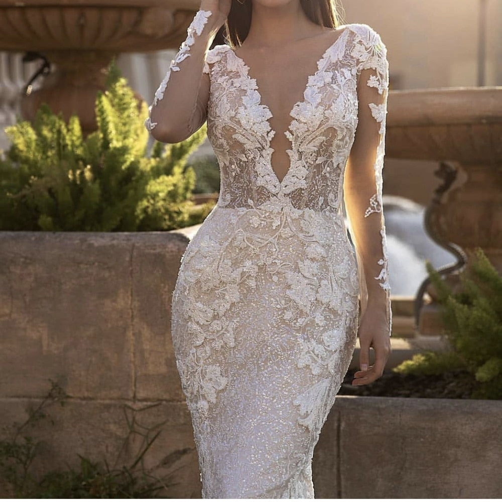 Bella Fancy Dresses US 0 2022 Luxury Lace Appliques Sequins Mermaid Wedding Dress V-Neck Long Sleeve Backles Sweep Train Bride Gown Vestidos De Noiva