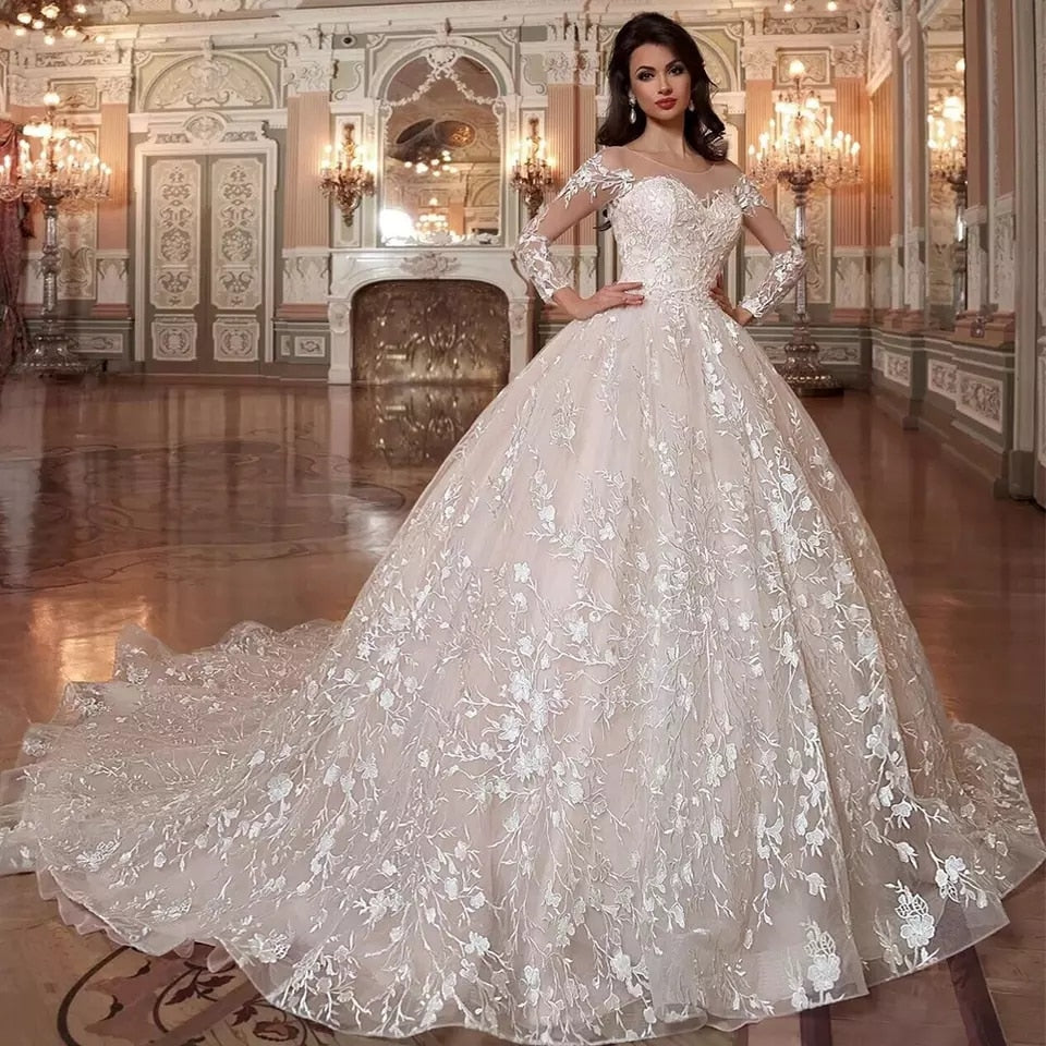 Bella Fancy Dresses US 0 2022 Luxury White/Ivory Women Long Train Wedding Dress Bride Dresses Lace Appliques Illusion Beads Crystal Elegant Wedding Gowns