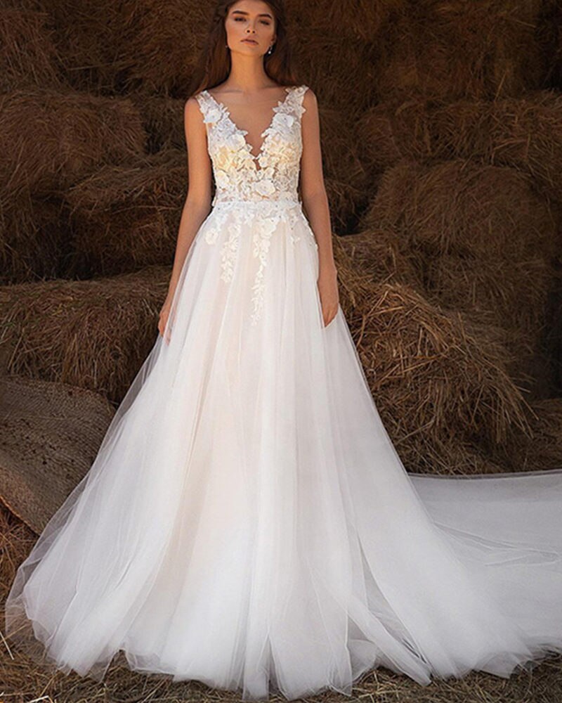 Bella Fancy Dresses US 0 Beach 3D Flowers V-Neck Wedding Dress A-Line 2022 Simple Backless Lace Bride Gown Sleeveless Tulle Customized Vestido De Novia