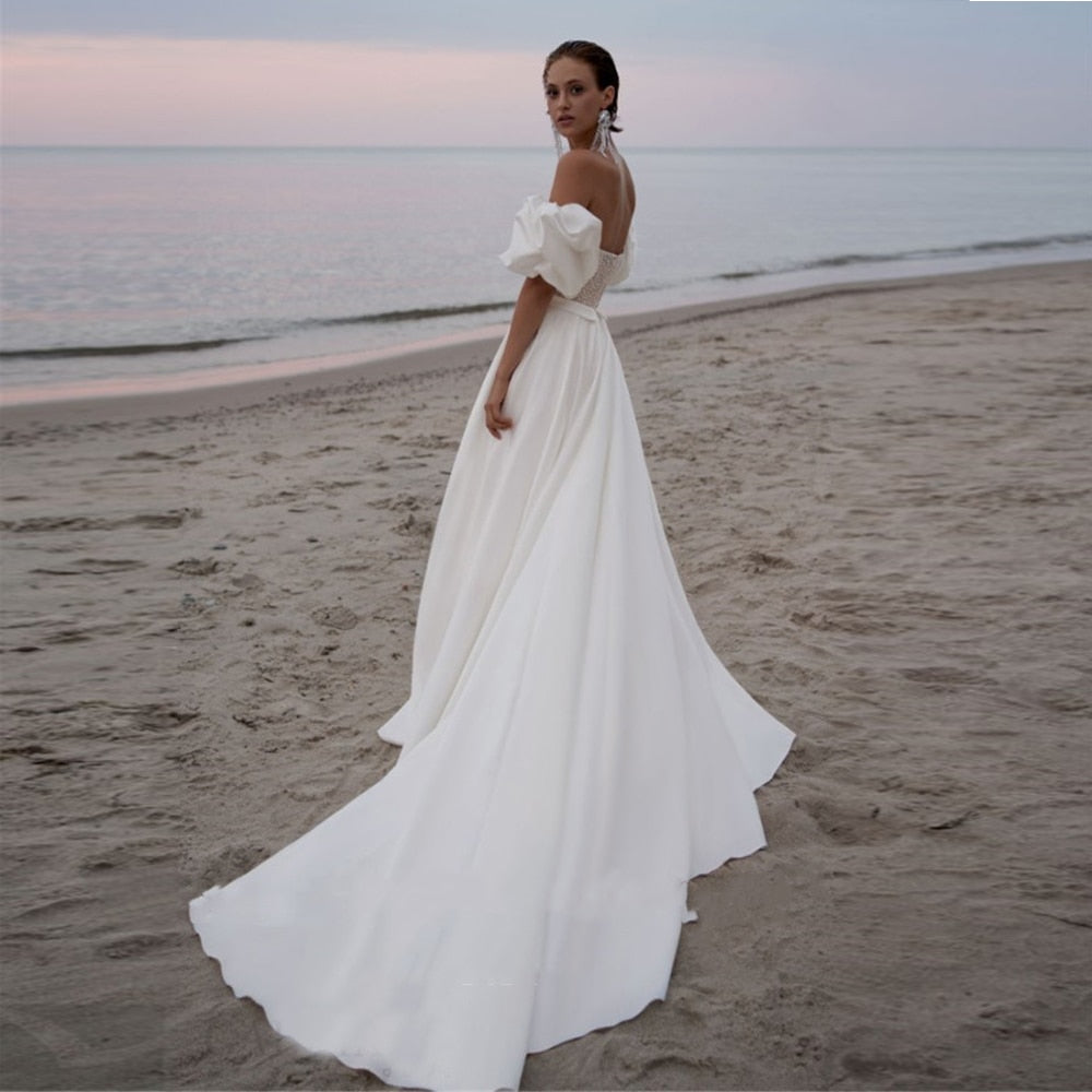 Bella Fancy Dresses US 0 Beach Satin Wedding Dress 2022 Elegant  A-Line Sweetheart Neck Short Sleeves Backless With Beading Bridal Gown Vestido De Novia
