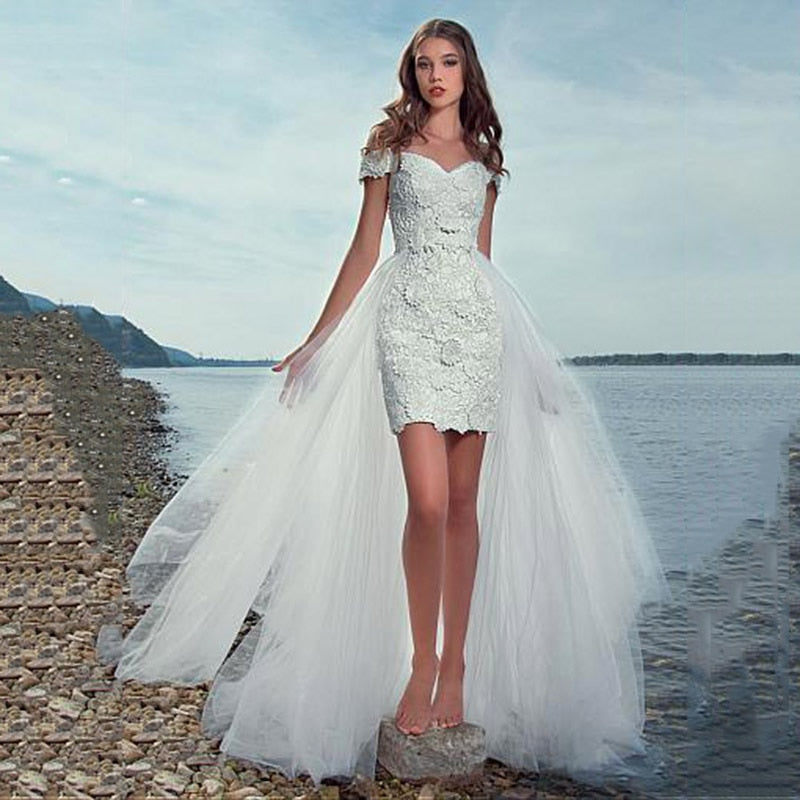 Bella Fancy Dresses US 0 Beach Short Wedding Dress 2021 With Detachable Train Lace Appliques Sweetheart Wedding Gowns For Bride 2 in 1 Vestidos de Noiva
