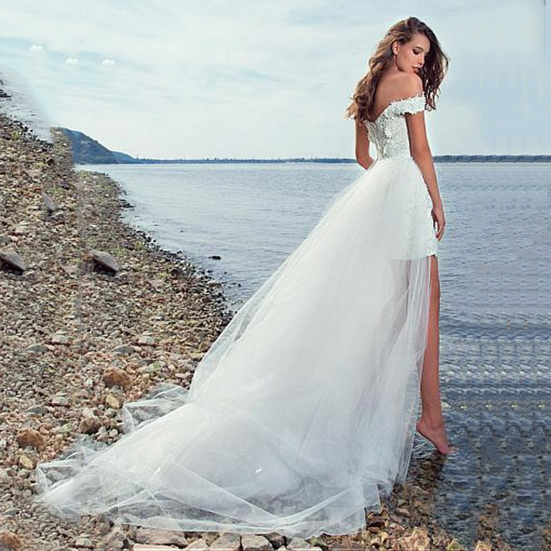 Bella Fancy Dresses US 0 Beach Short Wedding Dress 2021 With Detachable Train Lace Appliques Sweetheart Wedding Gowns For Bride 2 in 1 Vestidos de Noiva