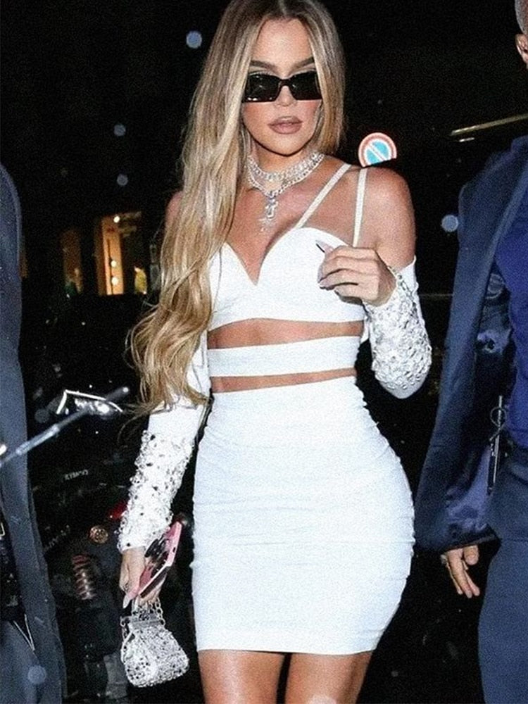 Bella Fancy Dresses US 0 Beaded Celebrity Bandage Dress Two Piece Luxury Woman Party Dress 2 Piece Elegant Sexy White Evening Club Outfit 2023 New Year
