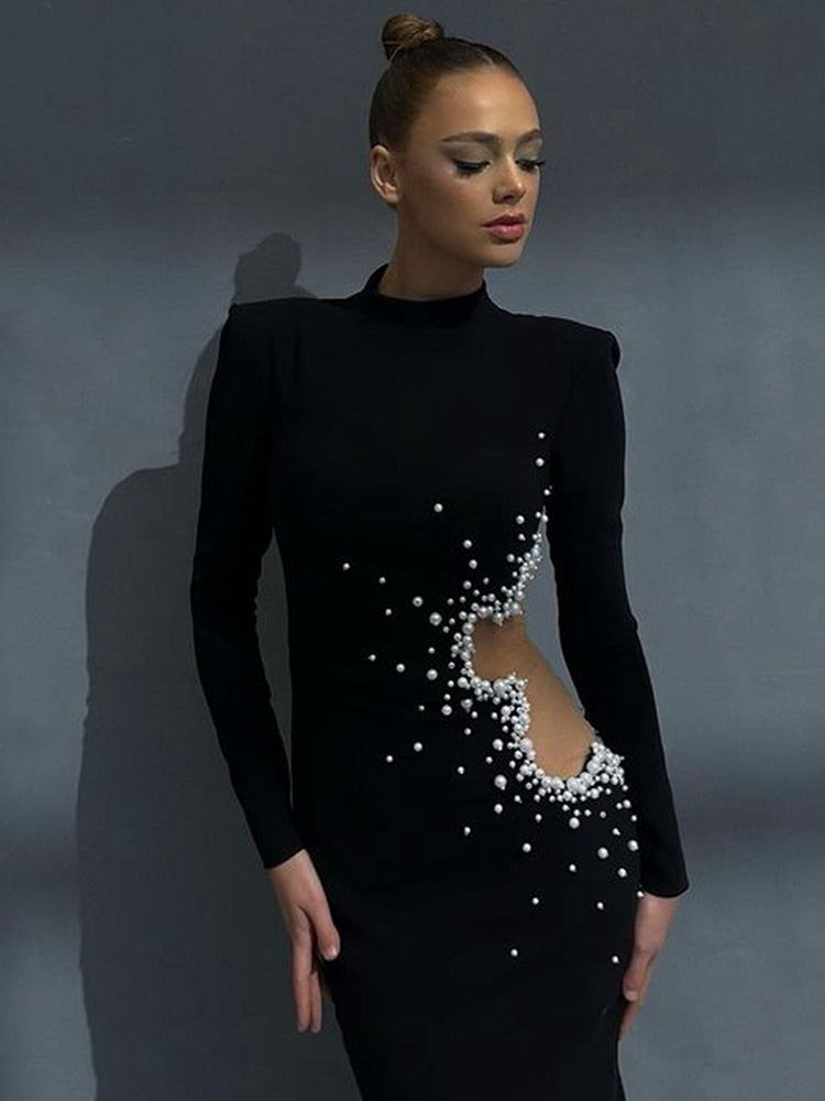 Bella Fancy Dresses US 0 Beaded Luxury Bandage Dress Black Long Sleeve Elegant Party Dresses for Women Sexy Christmas Evening Club Outfit 2023 New Year