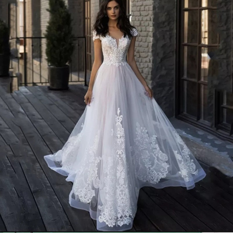 Bella Fancy Dresses US 0 Beads A-Line Lace Wedding Dress Short Sleeve 2022 Fashion Illusion Bride Gown For Bride With Buttons Pleats Vestido De Novia