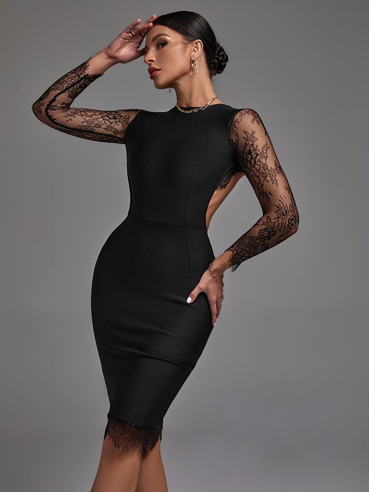 Bella Fancy Dresses US 0 Black Bandage Dress Lace Party Dress Women Bodycon Sexy Long Sleeve Backless Christmas Birthday Evening Club Outfit 2023