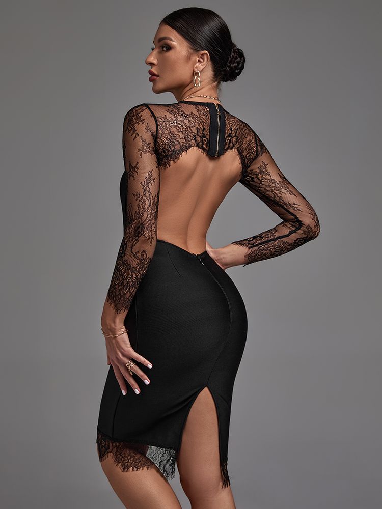 Bella Fancy Dresses US 0 Black Bandage Dress Lace Party Dress Women Bodycon Sexy Long Sleeve Backless Christmas Birthday Evening Club Outfit 2023